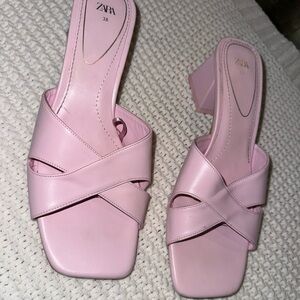 Zara MID BLOCK HEELS Baby Pink Criss cross
